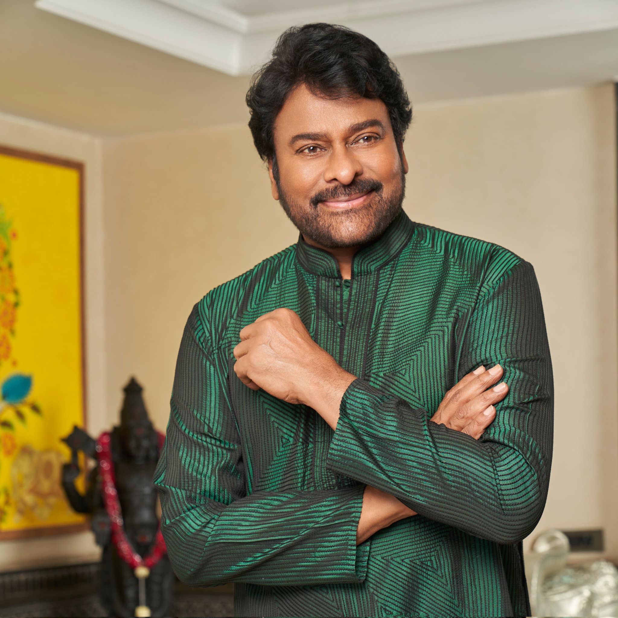 Megastar Chiranjeevi latest styling pics in green kurta