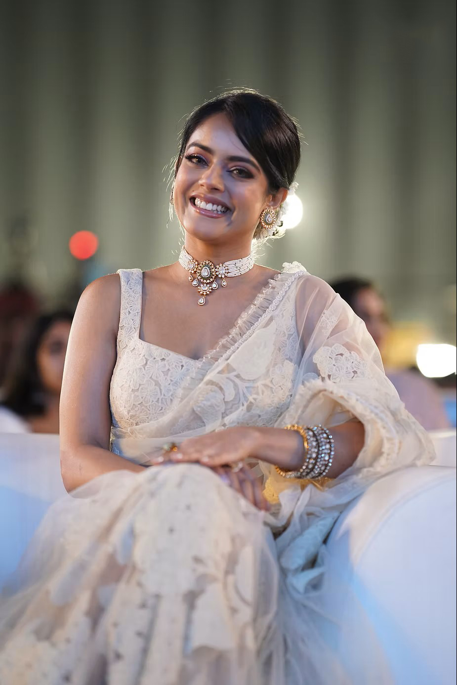 Riddhi Kumar’s Graceful White Saree Look at The Raja Saab Pre-Release Event