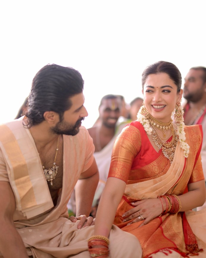 Vijay Deverakonda & Rashmika Mandanna’s Graceful Traditional Look sathyanarayana swamy vratham.