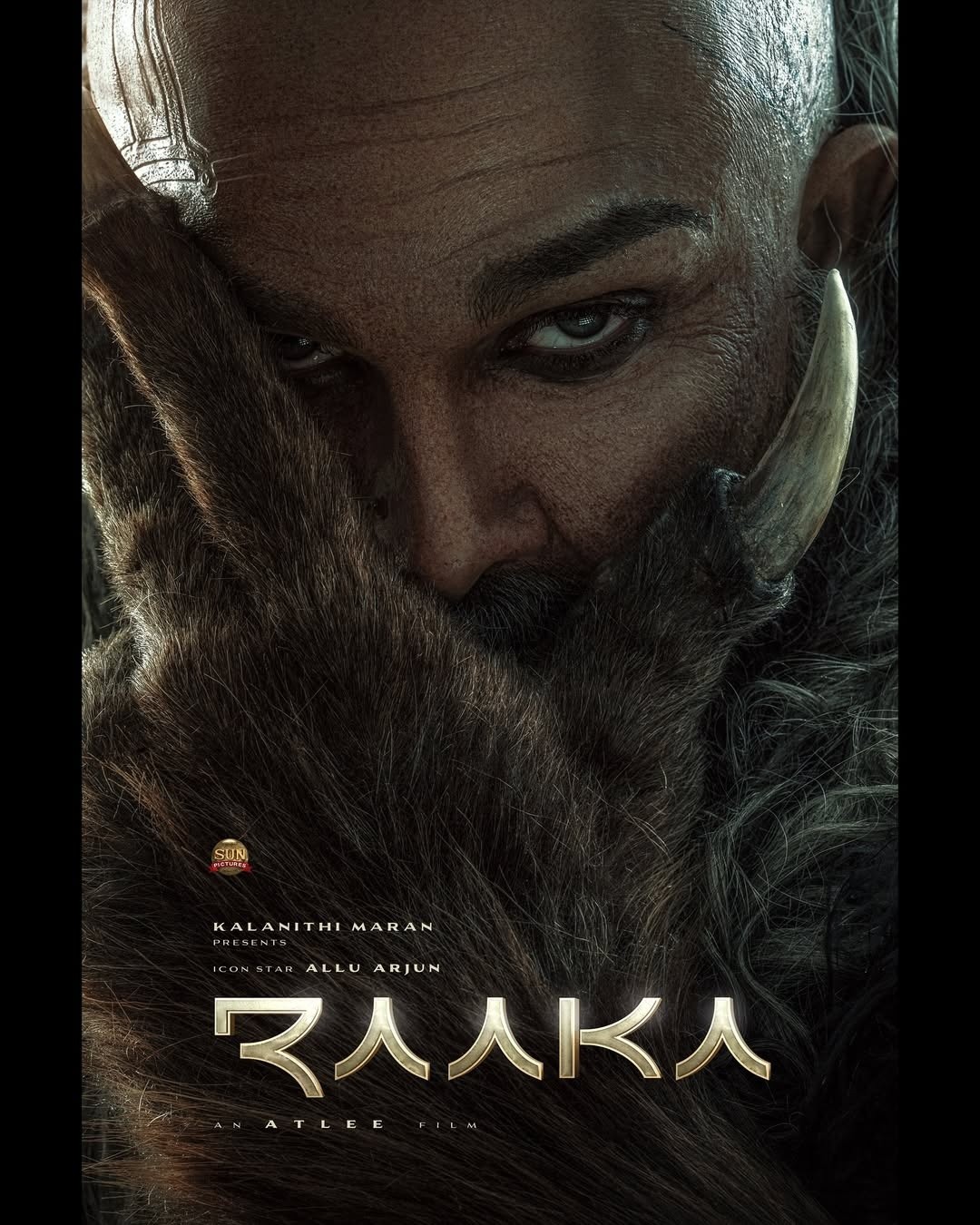 Allu Arjun “Raaka”: A fierce tribal warrior look with a primal, savage aesthetic.